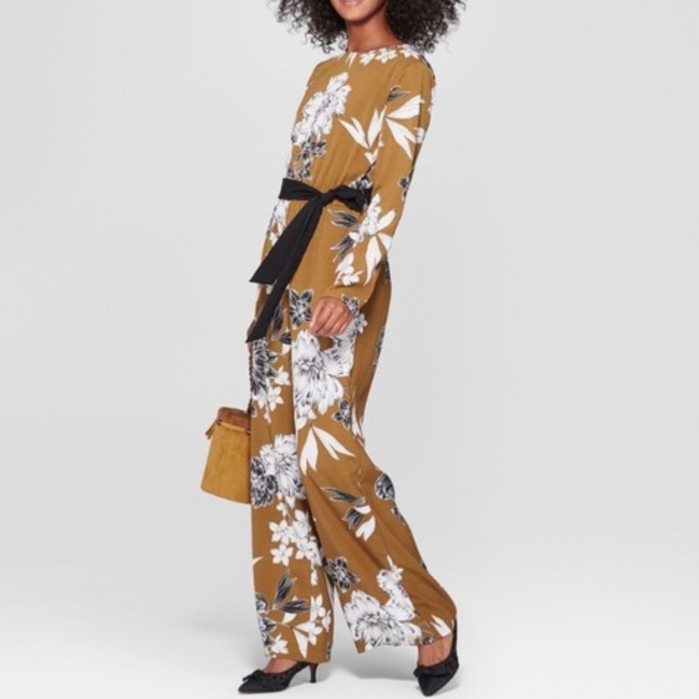 NWOT Olive Floral Print Wide Leg Belted Jumpsuit